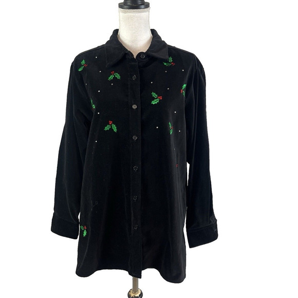 The Quacker Factory Shacket Jacket size Large Black Velvet Candy Canes Christmas - Picture 1 of 11